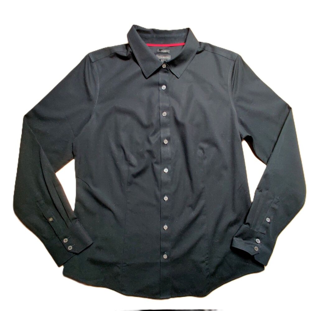 Talbots Black Button Front Shirt Womens Size 6 Non Iron Stretch Cotton